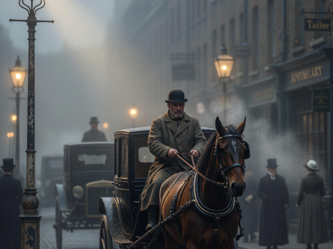 Foggy 1890s London Street with Horse-Drawn Carriage and Gaslights