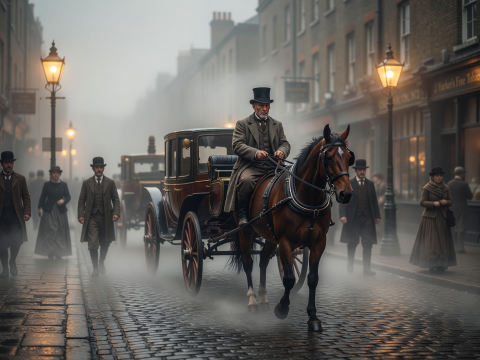 Foggy 1890s London Street with Horse-Drawn Carriage and Gaslights