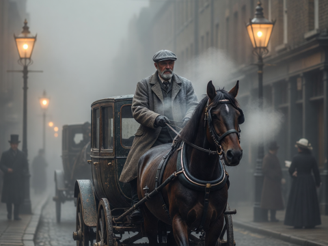 Foggy 1890s London Street with Horse-Drawn Carriage and Gaslights