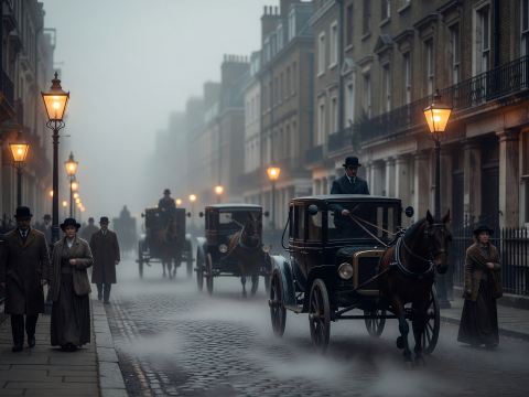 Foggy 1890s London Street with Horse-Drawn Carriages