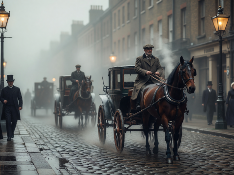 Foggy 1890s London Street with Horse-Drawn Carriages