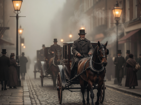 Foggy 1890s London Street with Horse-Drawn Carriages
