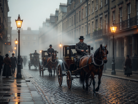 Foggy 1890s London Street with Horse-Drawn Carriages