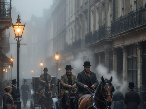 Foggy 1890s London Street with Horse-Drawn Carriages