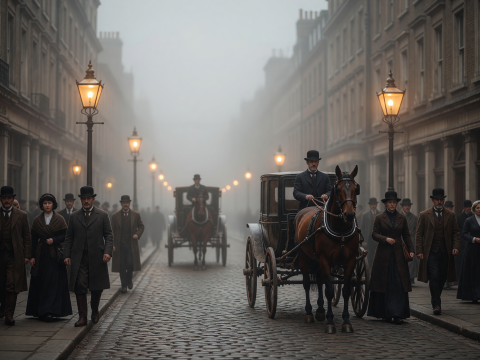 Foggy 1890s London Street with Horse-Drawn Carriages