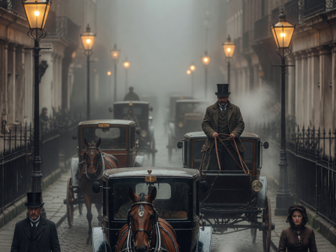 Foggy 1890s London Street with Horse-Drawn Carriages