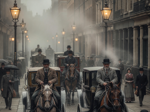 Foggy 1890s London Street with Horse-Drawn Carriages