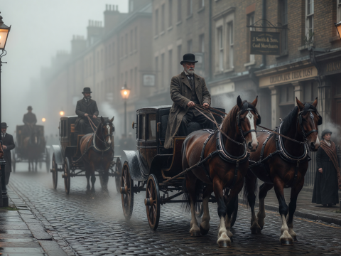 Foggy 1890s London Street with Horse-Drawn Carriages and Gaslights