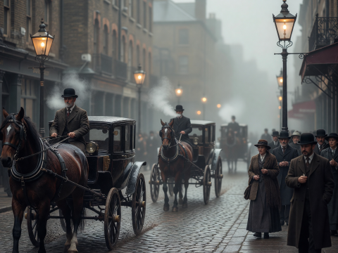 Foggy 1890s London Street with Horse-Drawn Carriages and Gaslights