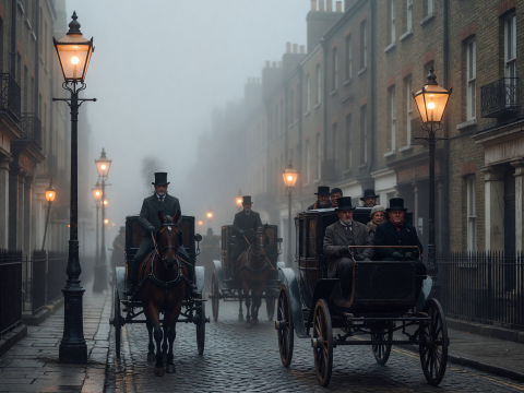 Foggy 1890s London Street with Horse-Drawn Carriages and Gaslights