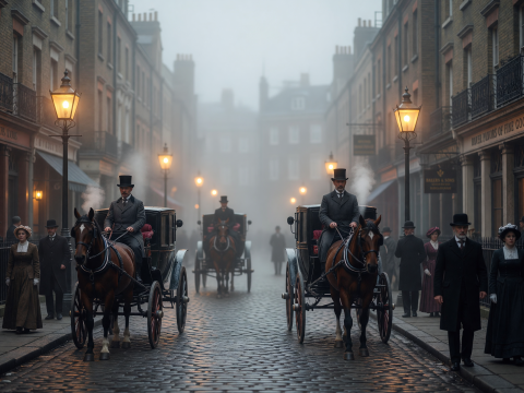 Foggy 1890s London Street with Horse-Drawn Carriages and Gaslights