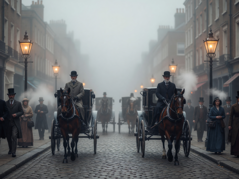 Foggy 1890s London Street with Horse-Drawn Carriages and Gaslights