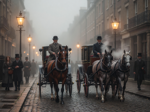 Foggy 1890s London Street with Horse-Drawn Carriages and Gaslights