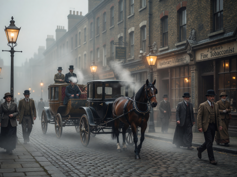 Foggy 1890s London Street with Horse-Drawn Carriages and Gaslights