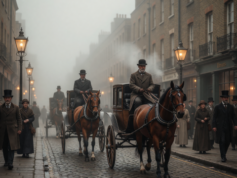 Foggy 1890s London Street with Horse-Drawn Carriages and Gaslights