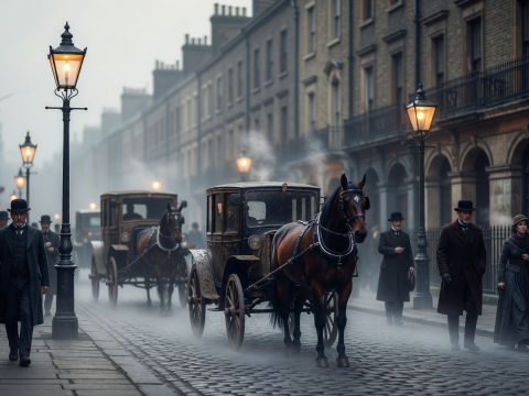 Foggy 1890s London Street with Horse-Drawn Carriages and Gaslights