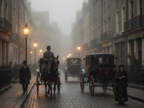 Foggy 1890s London Street with Horse-Drawn Carriages and Gaslights