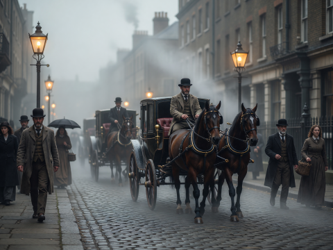 Foggy 1890s London Street with Horse-Drawn Carriages and Gaslights