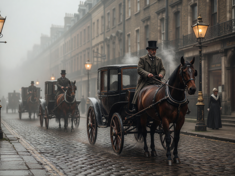 Foggy 1890s London Street with Horse-Drawn Carriages at Dusk