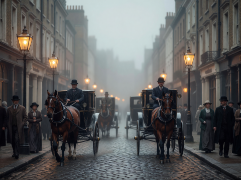 Foggy 1890s London Street with Horse-Drawn Carriages at Night