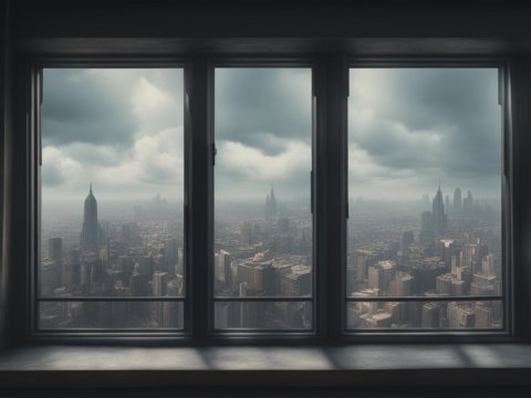 Foggy Cityscape Viewed Through Large Window