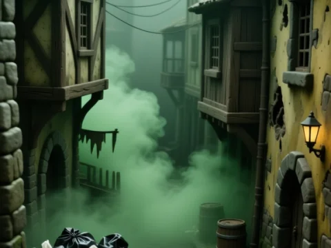 Foggy Medieval Alley with Trash and Barrels