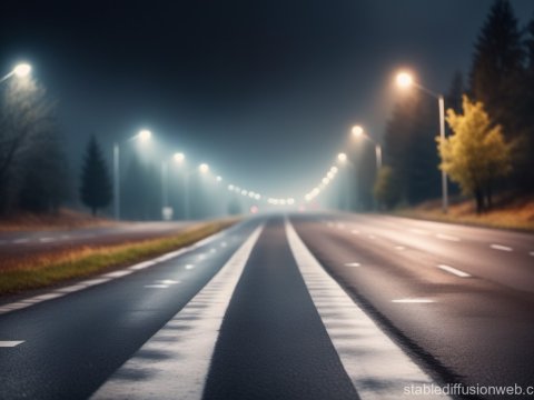 Foggy Night on an Empty Highway with Streetlights
