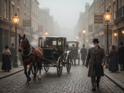 Foggy Victorian London Street with Horse Carriage and Gentleman