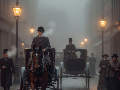 Foggy Victorian London Street with Horse-Drawn Carriages