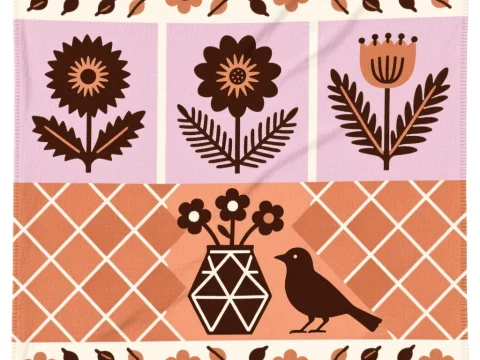 Folk Art Textile Tapestry with Floral and Bird Motifs