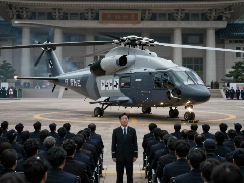 Formal Assembly with Helicopter in Front of Traditional Building