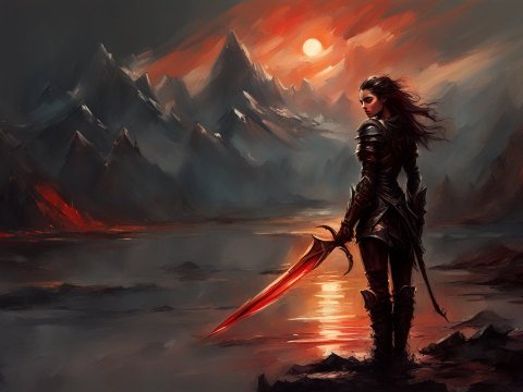 Formidable Warrior Girl at Fiery Mountain Lake