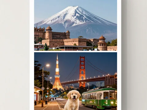 Fortress with Snowy Mountain and Night Cityscape with Puppy
