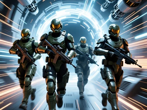 Four Armed Soldiers Emerging from Futuristic Portal