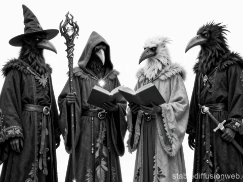 Four Kenku Wizards in Detailed Robes