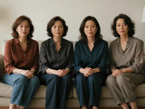 Four Middle-Aged Women Sitting Together on Sofa