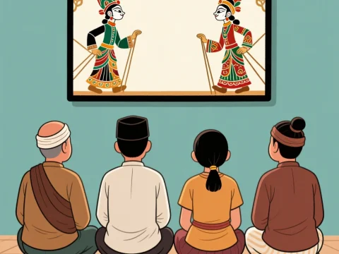 Four People Watching Traditional Shadow Puppet Show