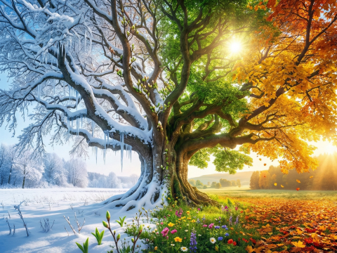 Four Seasons Tree in Hyper Realistic Digital Illustration