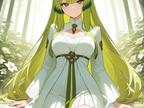 Fox-Eared Anime Girl in White Dress Sitting in Forest