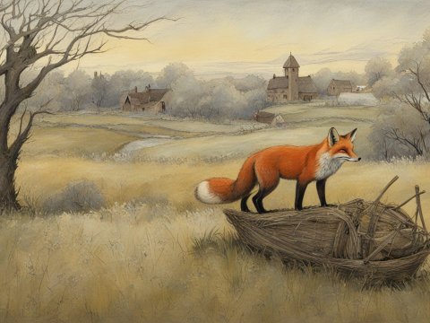 Fox Standing on an Old Boat in a Pastoral Landscape