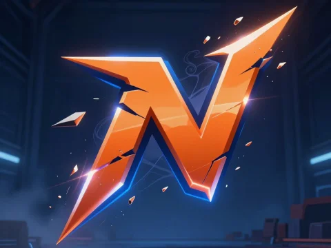 Fragmented Orange Gaming Logo N in Futuristic Setting