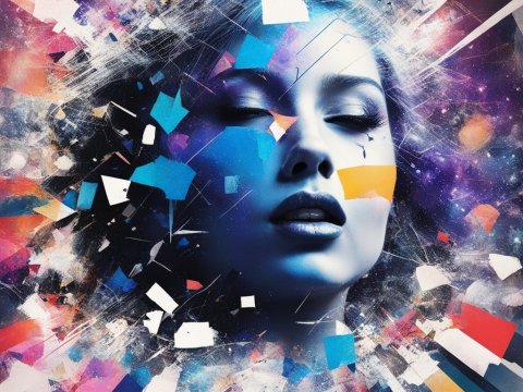 Fragmented Portrait of a Woman in Cosmic Abstract
