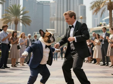 French Bulldog and Man Dancing in Formal Attire in Dubai