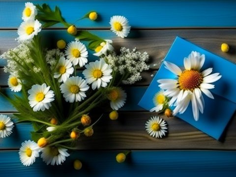 Fresh Camomile Flowers Bouquet on Blue Wooden Surface