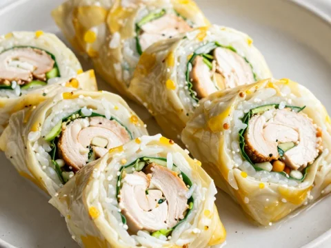 Fresh Chicken Rice Paper Rolls on Plate