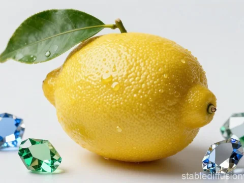 Fresh Lemon with Dew Drops and Colorful Gemstones