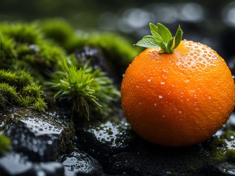 Fresh Orange with Water Droplets on Mossy Rocks