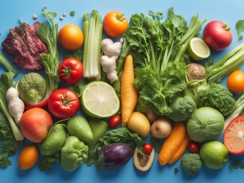 Fresh Organic Vegetables and Fruits on Blue Background
