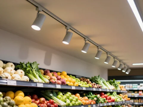 Fresh Produce Display in Grocery Store with Spotlight Lighting