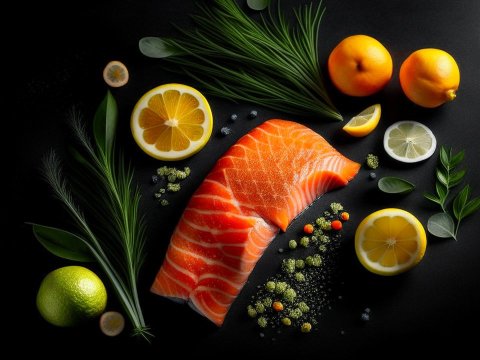 Fresh Raw Salmon Steak with Citrus and Herbs on Black Background
